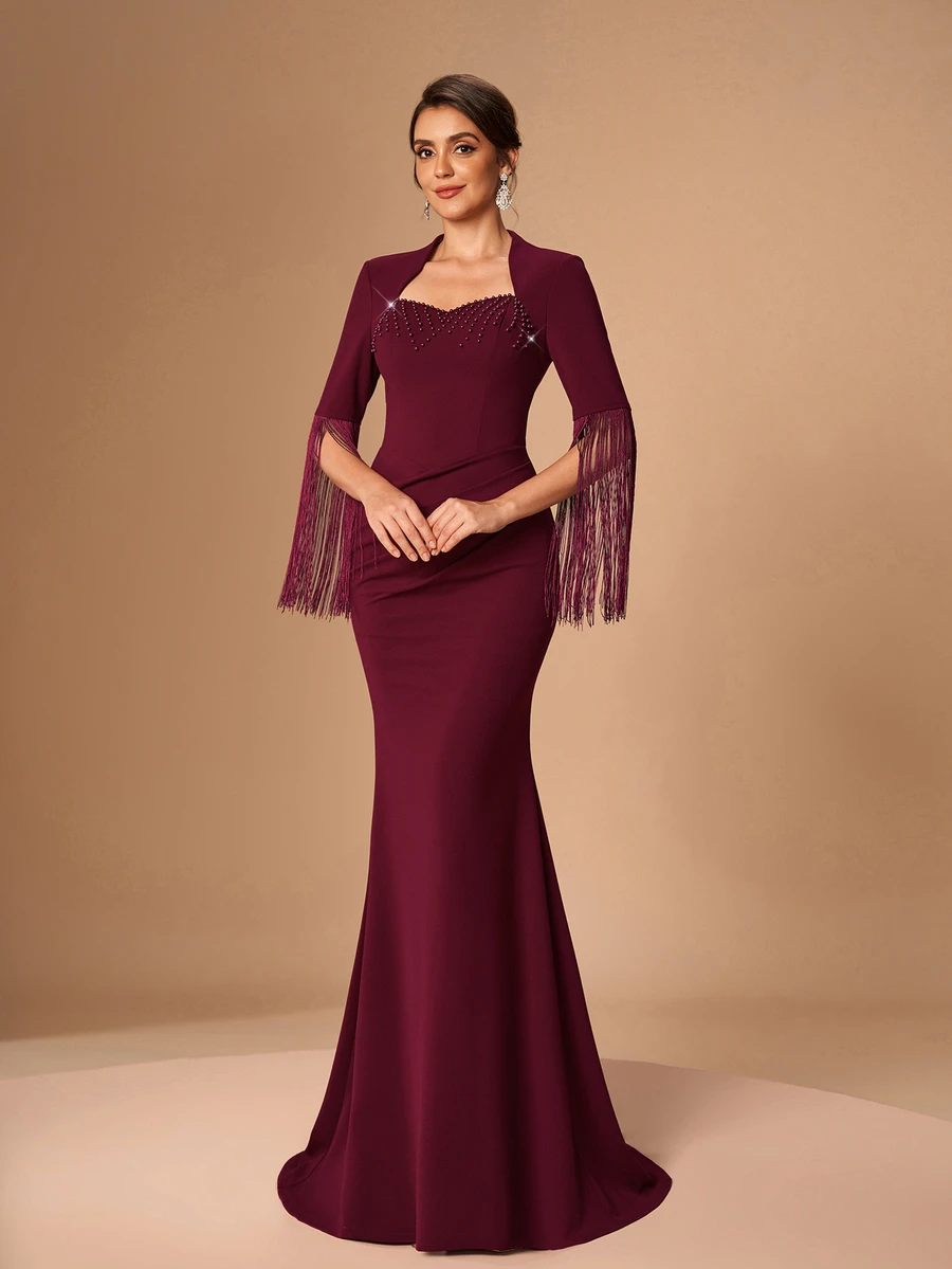 Serin Elegant Burgundy Stretch Rhinestone Beaded Ruched Fringe Tassel Long Sleeve Slit Bodycon Mermaid Autumn Wedding Guest Mother Of The Bride Evening Gown