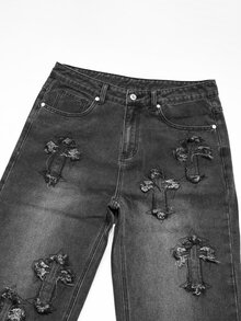 Manfinity Denimwave 男士時尚街頭風十字補丁刺繡毛邊下擺黑色水洗丹寧直筒牛仔褲 - 深灰色 - 查看 4