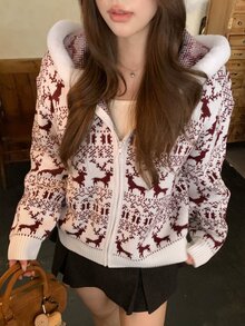 DAZY Women's All-Over Print Casual Versatile Daily Wear Hooded Cardigan - Beige - View 7