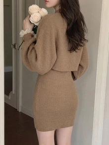 DAZY Women's Vintage Elegant Fashion Long Sleeve Sweater Dress Dinner Everyday Camel - Khaki - View 6
