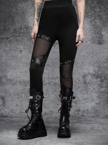 Cryptelle Autumn/Winter Black Gothic Fishnet & PU Patchwork Long Pants Halloween Outfit,Night Out - Black - View 6