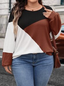 SHEIN LUNE Plus Size Casual Baggy Contrast Color Round Neck Lantern Sleeve Sweatshirt, Autumn Fall Clothes Formal Vacation Going Out White - Multicolor - View 1