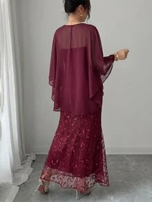 Elenzga Plus Size 2-delat set med lång åtsittande bandeau-klänning i tyg med lövmönster, paljetter och brodyr + kokongjacka i chiffong, elegant för utgång, dejt, fest och kvällsevenemang - Bourgogne - Visa 2