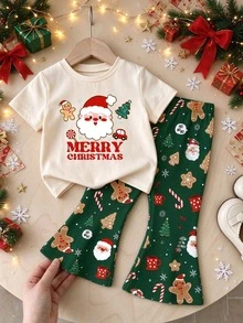 Girls' Halloween Ghost Short Sleeve 2 Pieces Set, Cute Little Ghost & Pumpkin Print Cropped Top + Flare Long Pants, - Multicolor - View 1