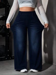 Flexra Celana Jeans Denim Hitam Stretch Model Lurus Longgar Ukuran Plus untuk Wanita - Dark Wash - View 4