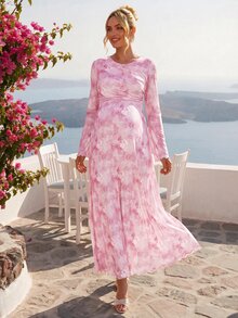 Loomaby Maternity Tie-Dye Print Round Neck Long Sleeve Pleated Elegant Dress Fall - Pink - View 7