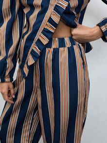 Nöista Women's Striped Single-Breasted Ruffle Blouse And Long Pants Casual Set - Lilac Purple - View 9