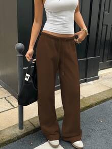 SHEIN EZwear 秋冬休閒極簡前綁帶寬鬆運動長褲，適合日常穿著與返校季 - 棕色 - 查看 3