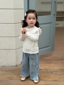 DAZY Infant (Girl) Ruffle Trim Patchwork Long Sleeve Korean Style Solid Color Top - White - View 8