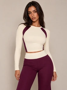 Brilight Folded Waist Wide-Leg Yoga Leggings & Contrast Racerback Sports Vest Two Pieces Set, Slim Fit For Gym, Pilates, Daily Wear, Butter Yellow. - Purple - View 5