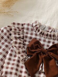 SHEIN Vintaside Kids 女童棕色格紋長袖洋裝，荷葉領搭配大蝴蝶結裝飾，休閒A字版型秋季洋裝 - 咖啡棕 - 查看 7