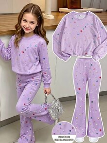 SHEIN ChillGRL Tween女孩秋季套裝 8-12歲 2件組，圓領長袖T恤與長褲，修身版型，秋季開學新款，百搭 - 紫色 - 查看 1