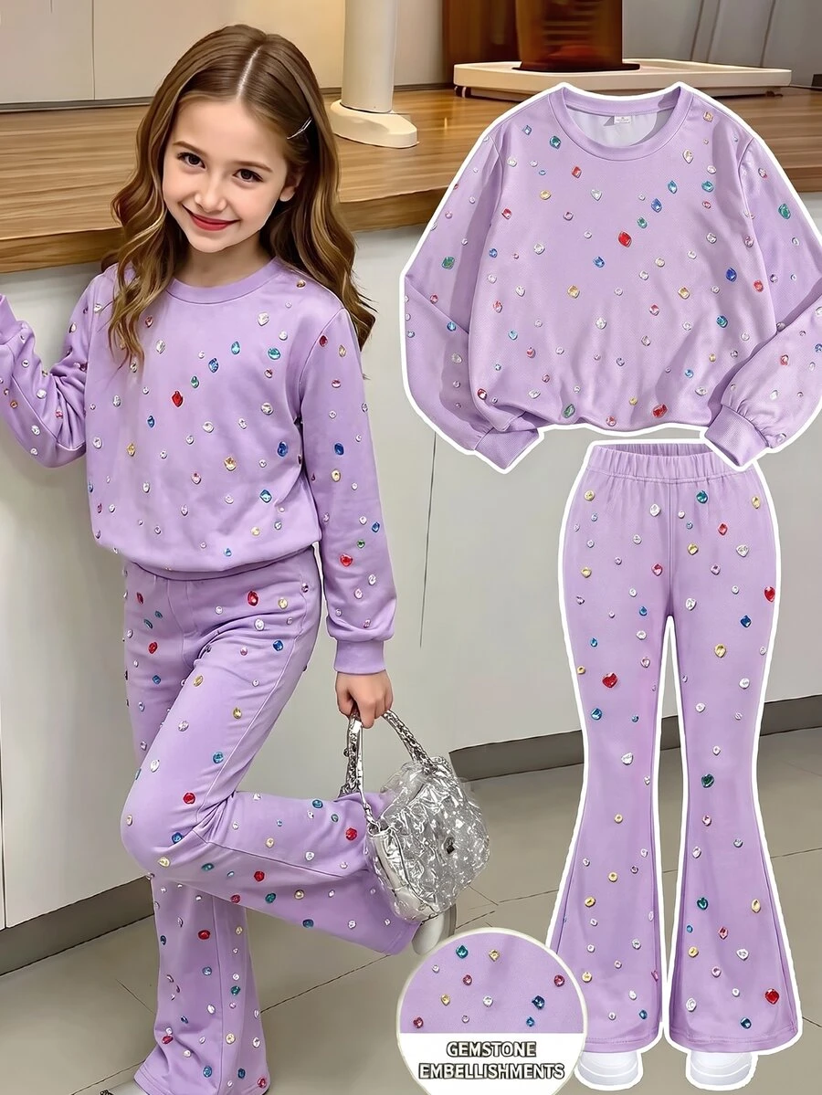 SHEIN ChillGRL Tween女孩秋季套裝 8-12歲 2件組,圓領長袖T恤與長褲,修身版型,秋季開學新款,百搭 - 紫色 - 查看 1