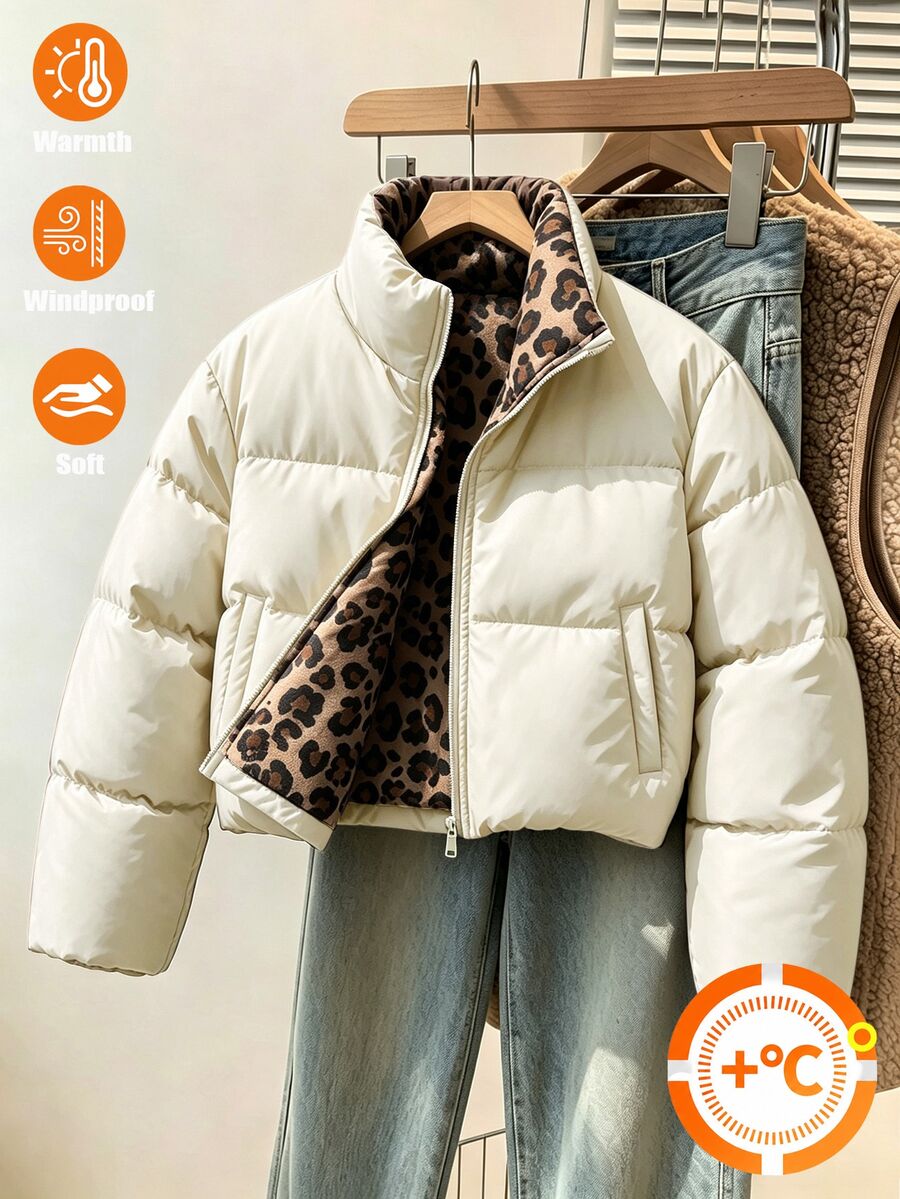 青少年女孩冬季黑白豹紋抓絨內裡立領短版夾克保暖外套,校園社團街頭風酷女孩可愛風 - 杏色 - 查看 1