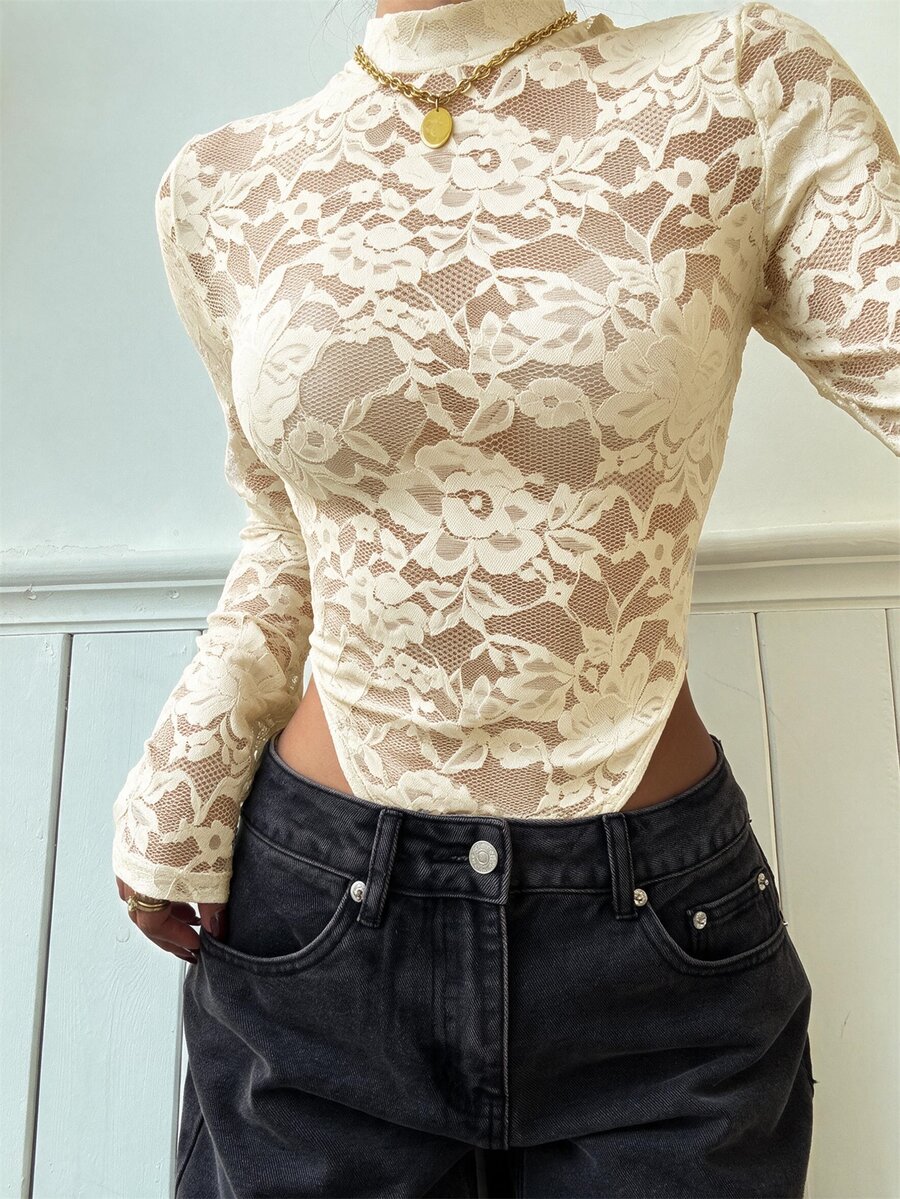 SHEIN EZwear Black Lace Sheer Mock Neck Long Sleeve Bodysuit For Women ...