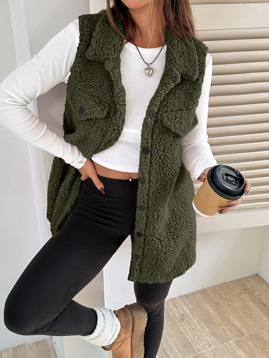 SHEIN EZwear Flap Detail Teddy Vest Coat Simple Fashionable Suitable For Winter - Army Green - View 1