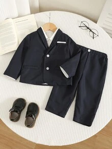 SHEIN Bộ 2 món cho bé trai: Áo khoác tay dài vạt mở cổ bẻ và quần dài lưng chun - Nhiều màu - Xem 1