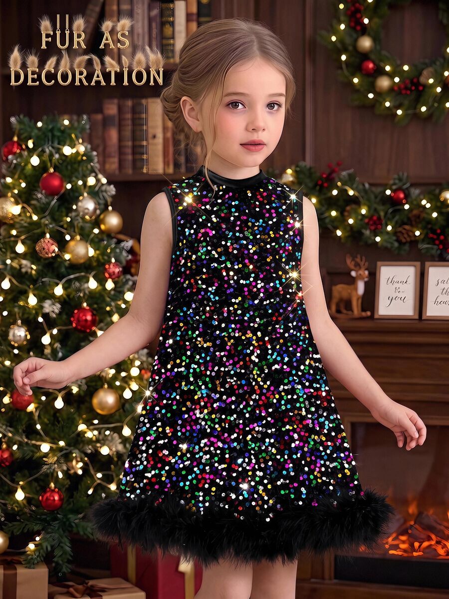 Young Girl Knitted Plush Sequin Casual Sleeveless Dress - Black - View 1