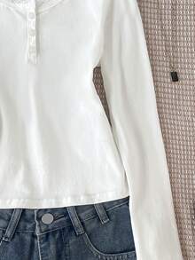 SHEIN Tween Girl Tween Girl Spring Autumn Winter Casual Elegant Lace Patchwork Button Decor Half-Open Neck Long Sleeve Slim Fit White T-Shirt, Suitable For Layering And Outdoor Wear - White - View 6