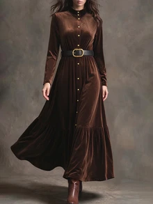 Balvessa Women's Elegance Brown Velvet Lapel Button-Stitched Pleated Maxi Dress Fall/Winter Many Occasions - Brown - View 3