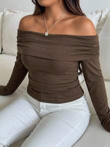 Livesso Off-Shoulder Ruched Long Sleeve Slim Fit Coffee Brown Solid Color Base Layer T-Shirt - Brown - View 8