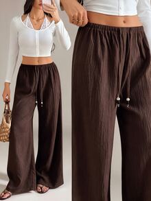 SHEIN Tall 女款素色休閒百搭日常穿著長褲 - 咖啡棕 - 查看 10