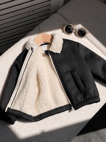 SHEIN 男嬰秋冬休閒翻領長袖保暖內裡加厚夾克外套，嬰兒夾克，保暖內裡夾克 - 黑色 - 查看 3