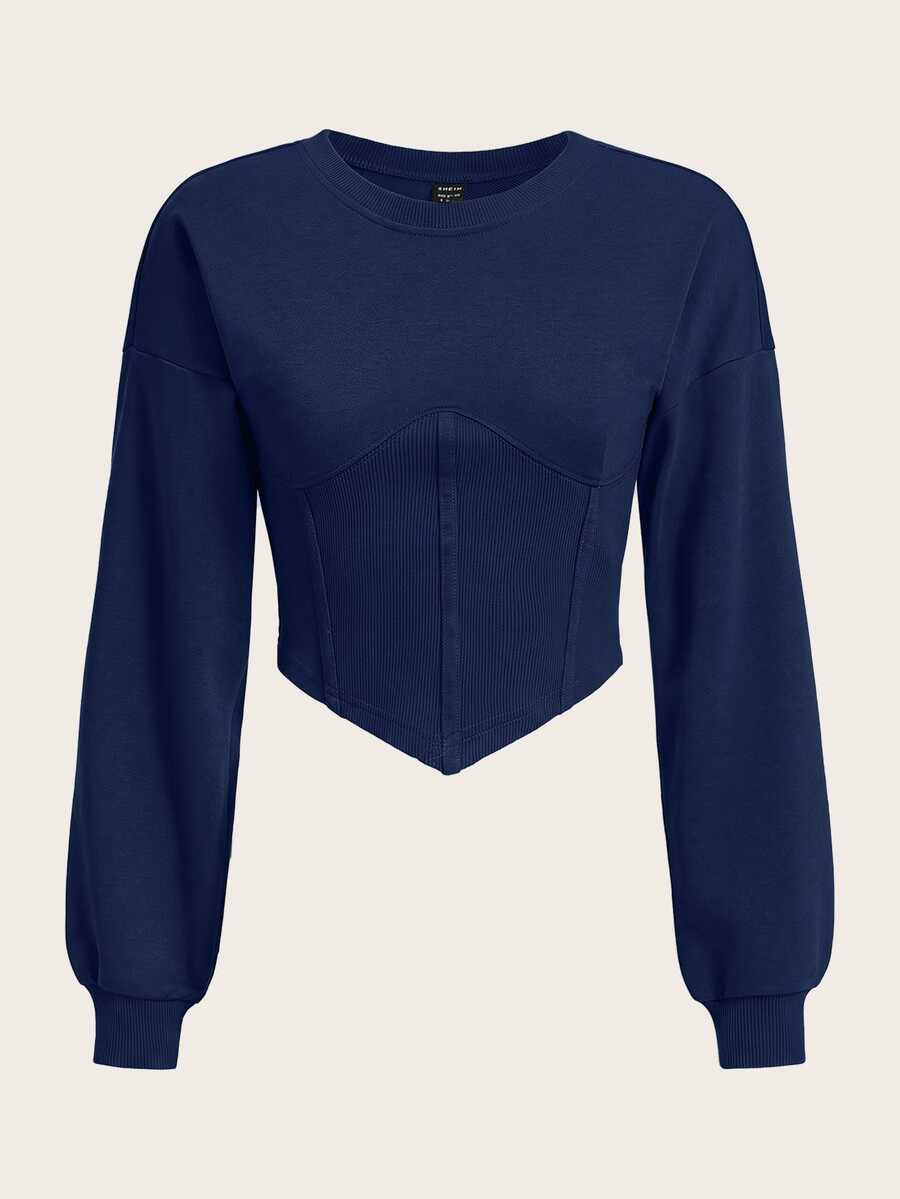 SHEIN EZwear 素色落肩手帕下擺短版運動衫,秋冬長袖上衣 - 藏蓝色 - 查看 1