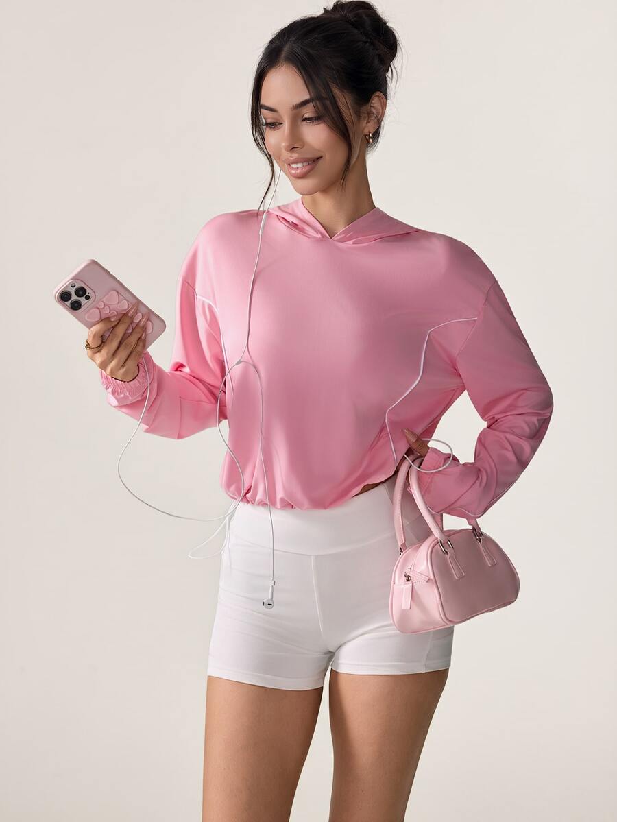 SHEIN Sovereign Charm بلوزة رياضية نسائية بأكمام طويلة وكتف منخفض مع بطانية رأس - وردي - مشاهدة 1