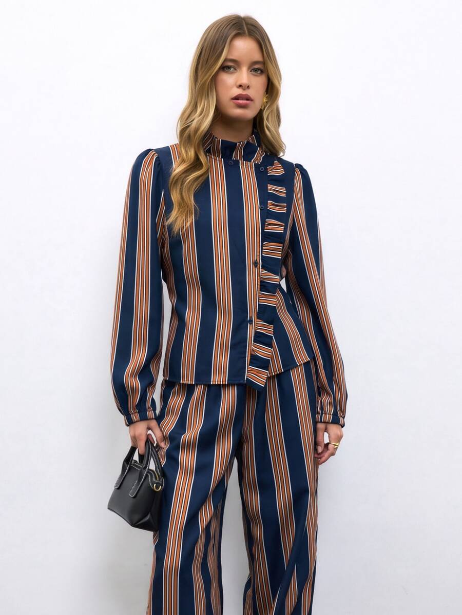 Nöista Women's Striped Single-Breasted Ruffle Blouse And Long Pants Casual Set - Lilac Purple - View 1