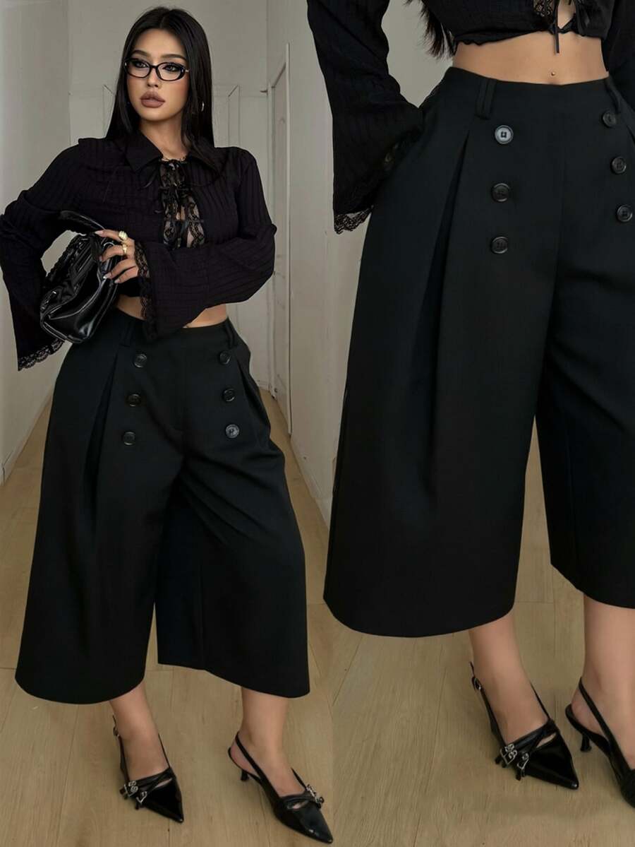 POPSWAY Spring, Summer, New Elegant Fashion Casual Design Rolled Hem Cropped High Waist Wide Leg Pants For Women, Loose Slimming Versatile Business Casual - Black - View 1