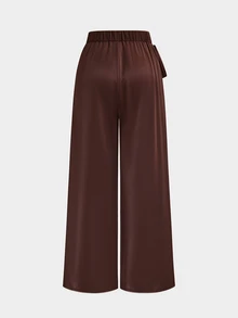 SHEIN Sweetro Celana Panjang Wanita Ukuran Besar Kasual Elegan Gaya Prancis Tenun Cokelat untuk Perjalanan Musim Gugur - Coklat - View 2