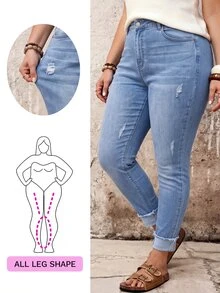 SHEIN ICON 大尺碼女款高彈性口袋修身休閒牛仔褲 - 淺色水洗藍 - 查看 7