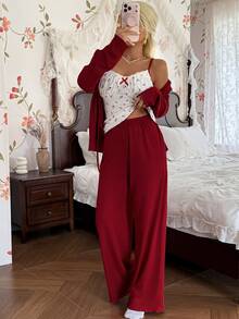 CottageSlumber Romantic Pastoral Ditsy Floral Slim Fit Spaghetti Strap Contrast Color Frill Trim Long Sleeve Cardigan & Pants Women's Pajama Set - Burgundy - View 1