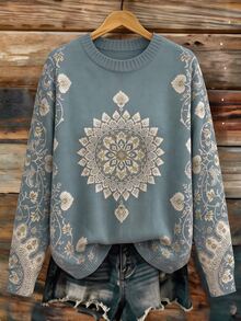 SHEIN LUNE Vintage Mandala Print Round Neck Sweater Women, Gray Blue Loose Drop Shoulder Pullover Knit Plus Size Top - Blue - View 4