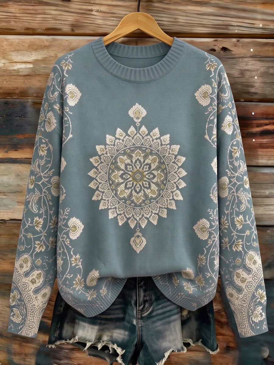 SHEIN LUNE 女款復古曼陀羅印花圓領針織毛衣,灰藍色寬鬆落肩套頭上衣,大尺碼冬季上衣 - 藍色 - 查看 1
