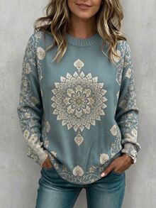 SHEIN LUNE Vintage Mandala Print Round Neck Sweater Women, Gray Blue Loose Drop Shoulder Pullover Knit Plus Size Top - Blue - View 1