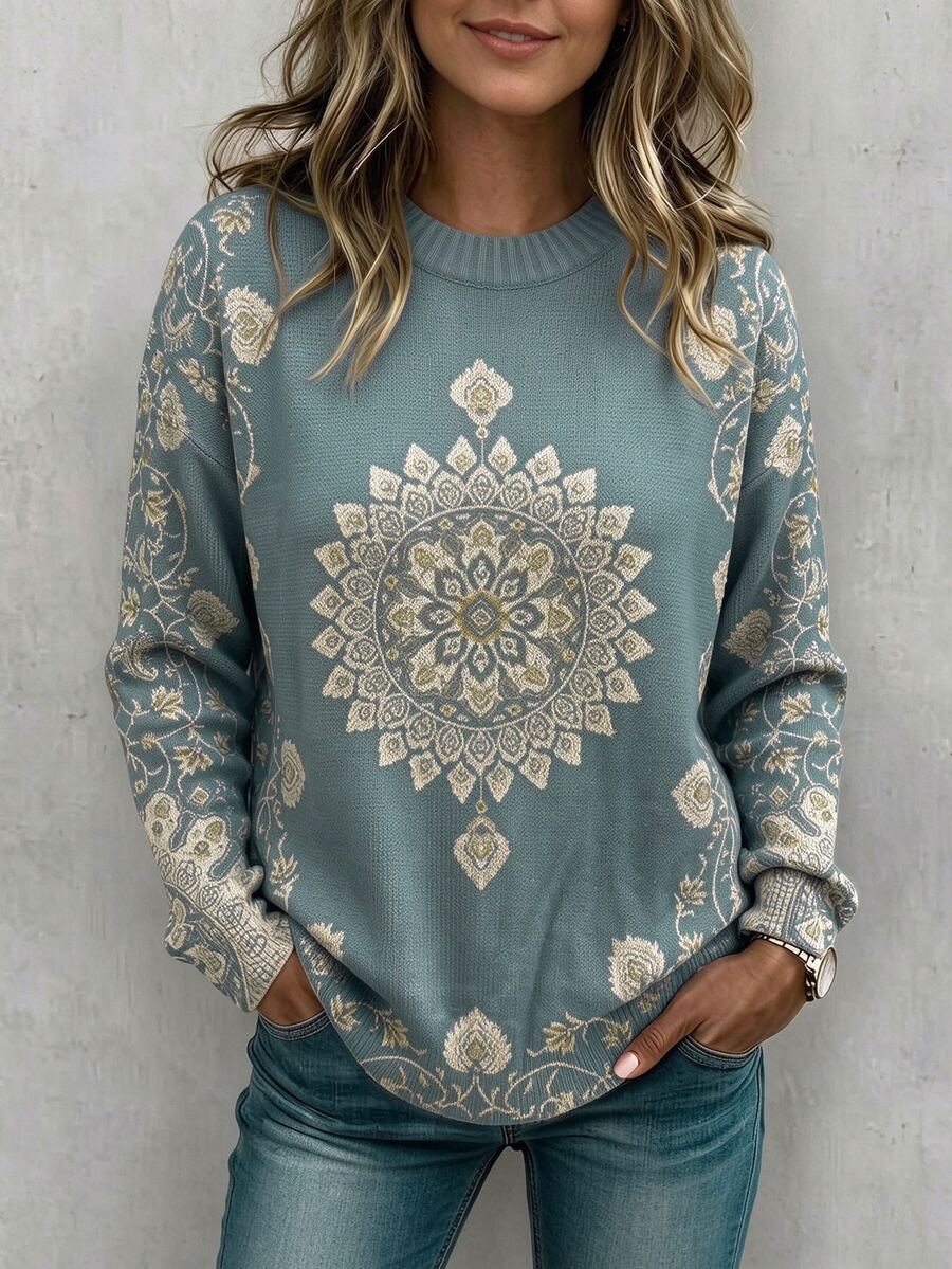 SHEIN LUNE Vintage Mandala Print Round Neck Sweater Women, Gray Blue Loose Drop Shoulder Pullover Knit Plus Size Top - Blue - View 1