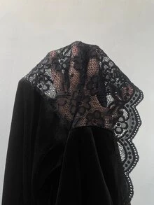 Easowa Contrast Lace Flounce Sleeve Split Hem Velvet Dress - Black - View 6