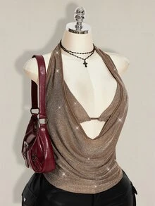 SHEIN ICON 大尺碼女款 2 件組夏季外穿亮片露背背心與細肩帶上衣，適合海灘、夏威夷派對、返校日、演唱會與夜店 - 卡其色 - 查看 7