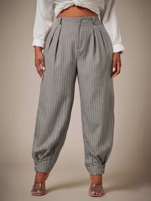 SHEIN CURVE+ Plus Size Striped High Waist Pleated Cuffed Pants, Suitable For Daily Commute - Grey - View 6