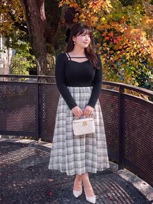 Bijouette Plus Size Cut Out Sweetheart Neck Rib Knit Plaid 2 In 1 Midi Dress,Afternoon Tea,Girls' Gathering,Cafe Ladylike,Brunch - Black - View 8