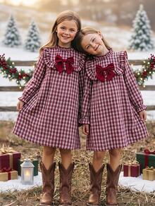 Emery Rose Kids Emery Rose Kids Tween女孩可愛度假休閒杏色格紋蝴蝶結長袖寬鬆洋裝，秋季花卉洋裝，校園、返校季、校服 - 彩色 - 查看 1