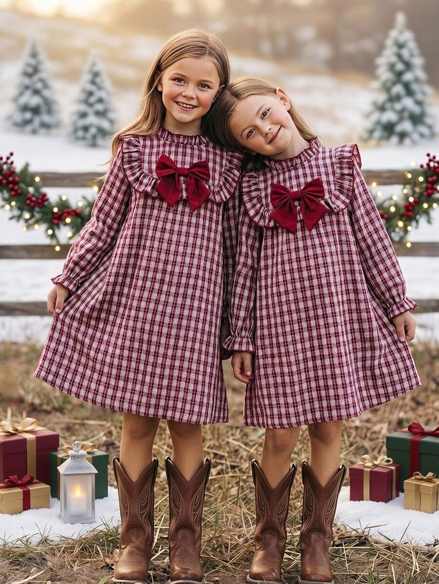 Emery Rose Kids Emery Rose Kids Tween女孩可愛度假休閒杏色格紋蝴蝶結長袖寬鬆洋裝，秋季花卉洋裝，校園、返校季、校服 - 彩色 - 查看 1