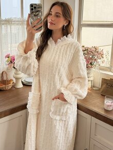 Snug Reverie Cute Rabbit Ear Hooded Pajamas Women's Autumn/Winter Plush Robe Loungewear - White - View 4