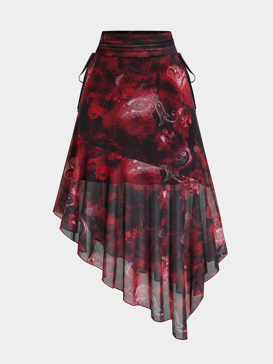 Sweetra European Women's Plus Size Waist Pleated Tie Print Asymmetrical Hem Mesh Skirt - Multicolor - View 1