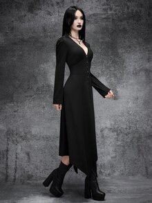 Cryptelle Women's Asymmetrical Hem V-Neck Button Dress Autumn/Winter Black Gothic Style Halloween Party Outfit - Black - View 6