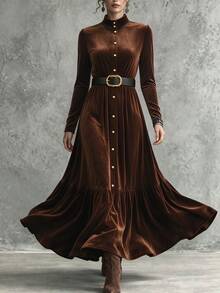 Balvessa Women's Elegance Brown Velvet Lapel Button-Stitched Pleated Maxi Dress Fall/Winter Many Occasions - Brown - View 8