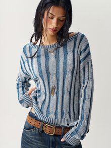 Bohemela Vintage Mixed Wool Off-Shoulder Loose Cable Knit Pullover - Blue and White - View 2