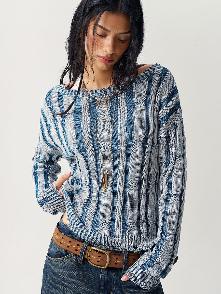 Bohemela Vintage Mixed Wool Off-Shoulder Loose Cable Knit Pullover - Blue and White - View 1